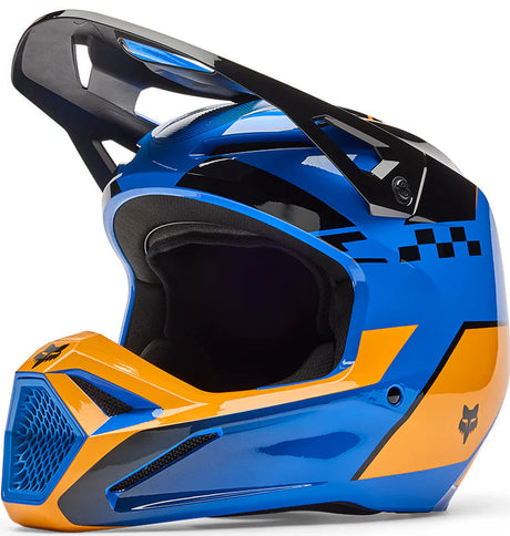 Blue V1 Collect helmet for motocross from FOX, featuring a sleek design and secure chin strap.