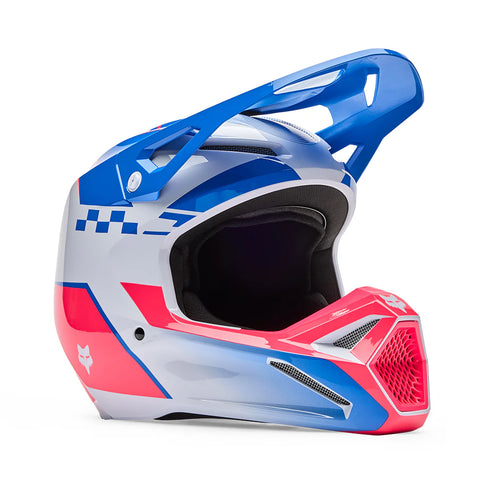 FOX V1 Collect helmet in blue and pink for motocross, featuring a sleek design and adjustable straps.