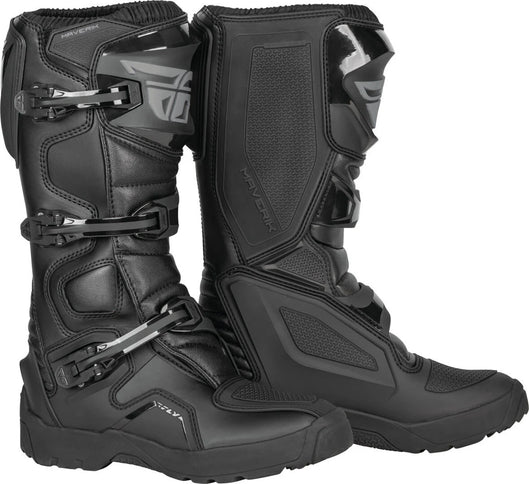 Black FLY Maverik LT MX boots with reinforced ankle support and durable sole for motocross riding.