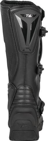 Black FLY Maverik LT MX boots, Enduro style, with sturdy construction and ankle protection, designed for off-road motocross riding.