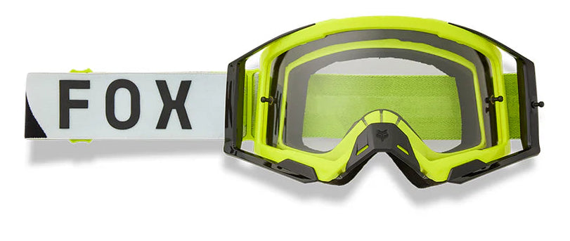 FOX AIRSPACE TINE MX Goggles in Flo Yellow with clear lenses, designed for motocross riding and helmet compatibility.