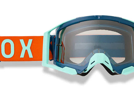 FOX AIRSPACE Tine MX Goggle in twilight blue with adjustable strap and clear lens for motocross riding.