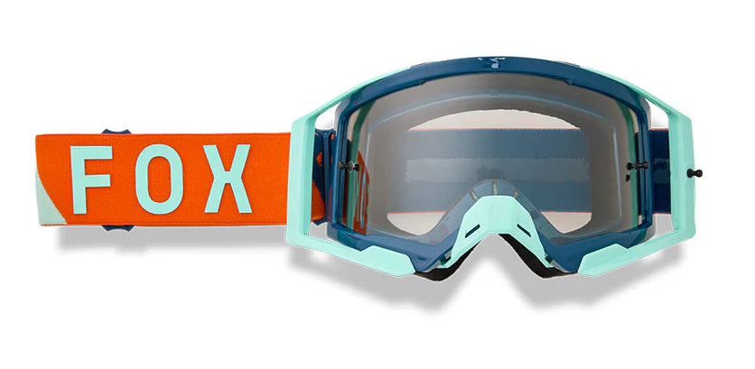 FOX AIRSPACE Tine MX Goggle in twilight blue with adjustable strap and clear lens for motocross riding.