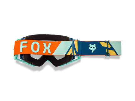 FOX AIRSPACE TINE MX Goggle in twilight blue with clear strap and tinted lens for motocross riding visibility and protection.
