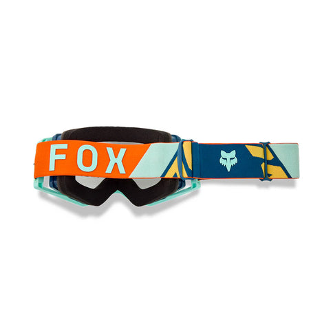 FOX AIRSPACE TINE MX Goggle in twilight blue with clear strap and tinted lens for motocross riding visibility and protection.