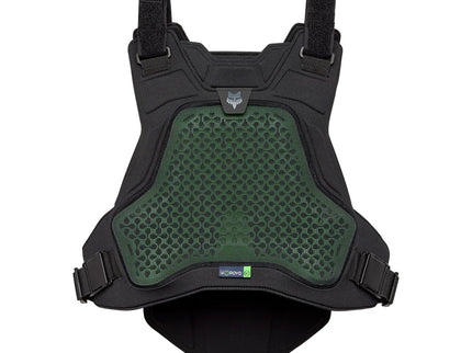 Black FOX AIRFRAME chest guard for protection, featuring foam padding and adjustable straps, designed for motocross and off-road riding.