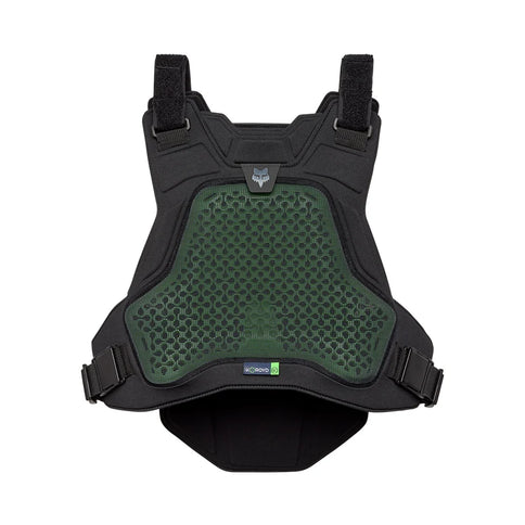 Black FOX AIRFRAME chest guard for protection, featuring foam padding and adjustable straps, designed for motocross and off-road riding.
