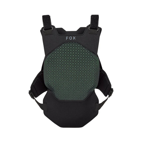Black FOX AIRFRAME chest guard for protection, featuring a padded design with adjustable straps for a secure fit.
