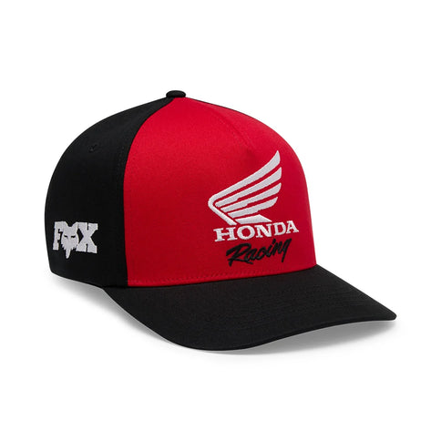 Fox Honda Flexfit Cap in red and black, featuring a curved brim and adjustable fit, displayed on a neutral background.