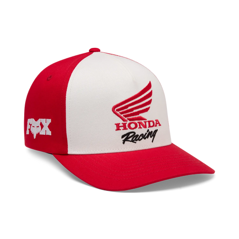 Fox Honda Flexfit cap in white and red with adjustable fit, featuring the brand's logo on the front.