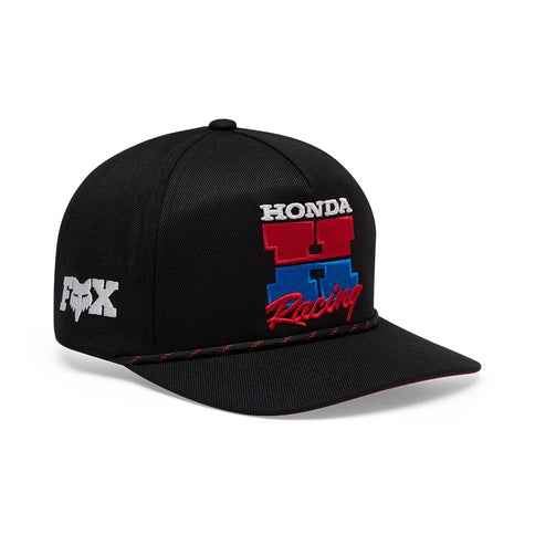 Black FOX Honda snapback cap featuring a structured brim and adjustable strap, stylish accessory for casual wear.