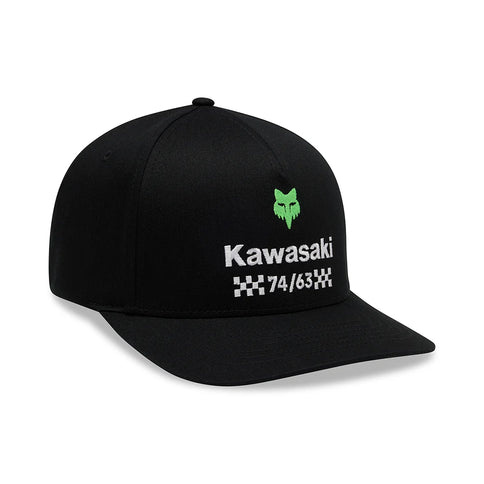 FOX Kawi Flexfit cap featuring a curved brim and adjustable fit, made of breathable fabric, in a sleek black color.