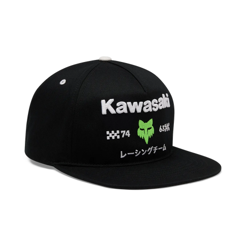FOX Kawi Snapback Hat cap featuring a structured design and adjustable strap, shown in black with FOX logo embroidery.