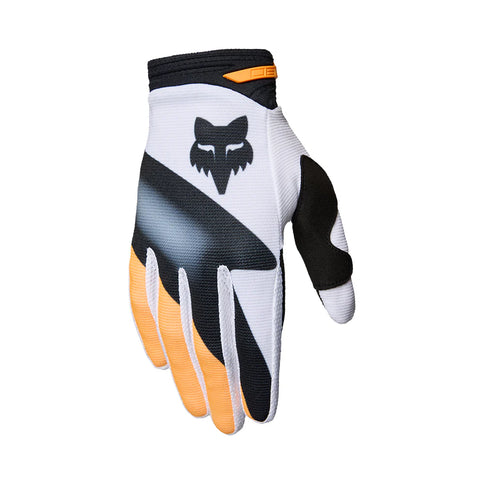 Black and white FOX 180 Noble Youth MX gloves, lightweight motocross gloves with padded palms and adjustable wrist closure.