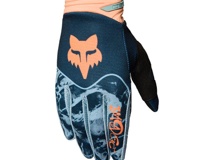 Fox 180 IMAGE PRINT MX gloves in galaxy blue with printed design, designed for motocross riding and hand protection.