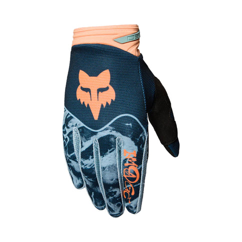 Fox 180 IMAGE PRINT MX gloves in galaxy blue with printed design, designed for motocross riding and hand protection.
