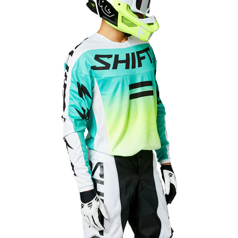 SHIFT WHIT3 Label Fade Jersey MX jersey in white and green with a fade design, featuring the SHIFT logo and breathable fabric.