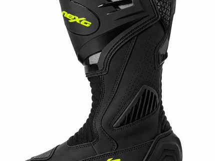 NEXO Nexo Superbike Road Boots BT-2403 in black and yellow with protective features and sturdy design for motorcycle riding.