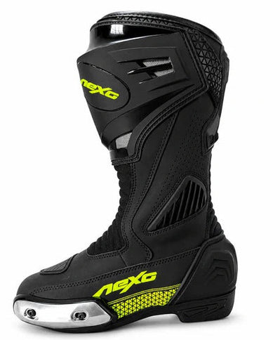 NEXO Nexo Superbike Road Boots BT-2403 in black and yellow with protective features and sturdy design for motorcycle riding.