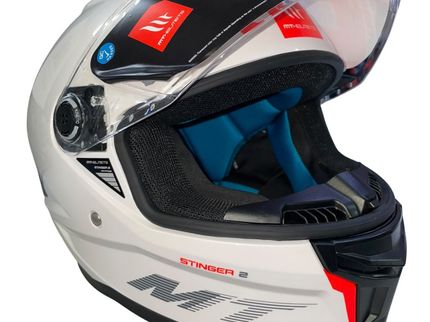 MT STINGER 2 gloss white road helmet with aerodynamic design and adjustable straps, shown from a side view.
