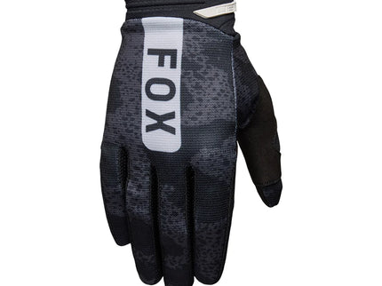 Black FOX 180 BNKR MX gloves with reinforced palms and adjustable wrist closure, designed for motocross riding.