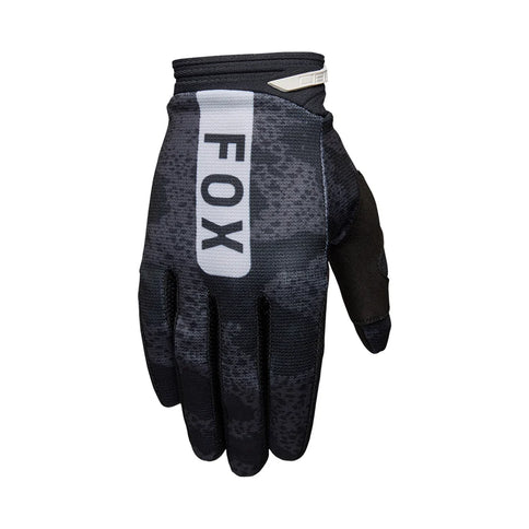 Black FOX 180 BNKR MX gloves with reinforced palms and adjustable wrist closure, designed for motocross riding.