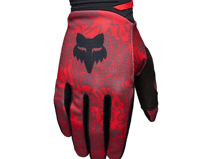 Red FOX 180 Abyss MX gloves with padded palms and adjustable wrist straps, designed for motocross riding.