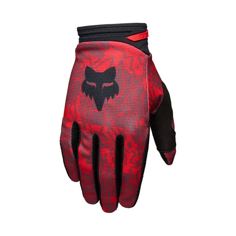 Red FOX 180 Abyss MX gloves with padded palms and adjustable wrist straps, designed for motocross riding.