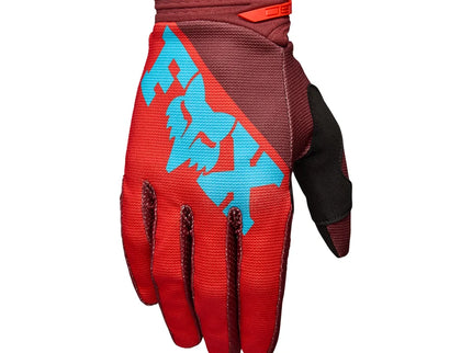 FOX 180 RAID MX gloves in red with padded palm and breathable fabric, designed for motocross riding.
