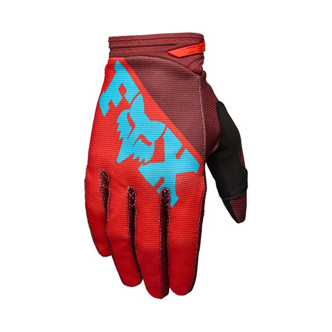 FOX 180 RAID MX gloves in red with padded palm and breathable fabric, designed for motocross riding.