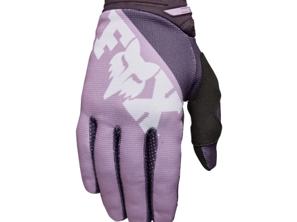 Fox 180 RAID women’s MX gloves in lavender drift color, featuring durable construction and flexible grip for motocross riding.