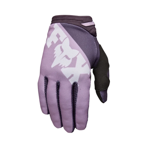 Fox 180 RAID women’s MX gloves in lavender drift color, featuring durable construction and flexible grip for motocross riding.