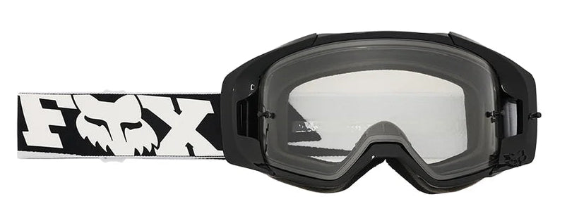 Black FOX VUE CORE MX goggles with clear lenses and adjustable strap, designed for motocross riding.