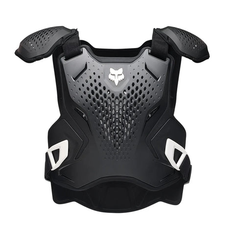 Black FOX R3 Youth Chest Guard for protection, featuring padded armor and adjustable straps for secure fit during sports.