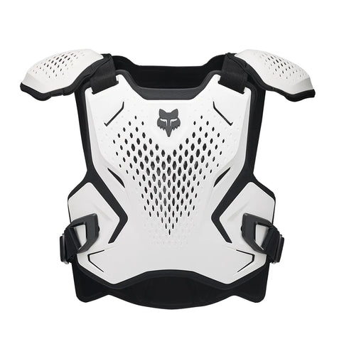 FOX R3 Youth Chest Guard in white, lightweight protective armor for youth motocross riders, featuring adjustable straps for a secure fit.