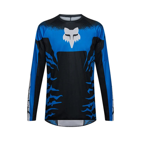 FOX 180 HD38 MX jersey in black and blue, featuring breathable fabric and a comfortable fit for motocross riding.