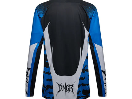 FOX 180 HD38 MX jersey in black and blue, featuring lightweight breathable fabric and bold graphics for motocross riding.