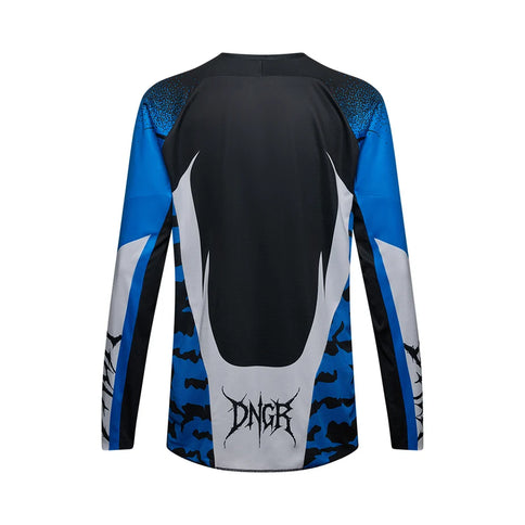 FOX 180 HD38 MX jersey in black and blue, featuring lightweight breathable fabric and bold graphics for motocross riding.