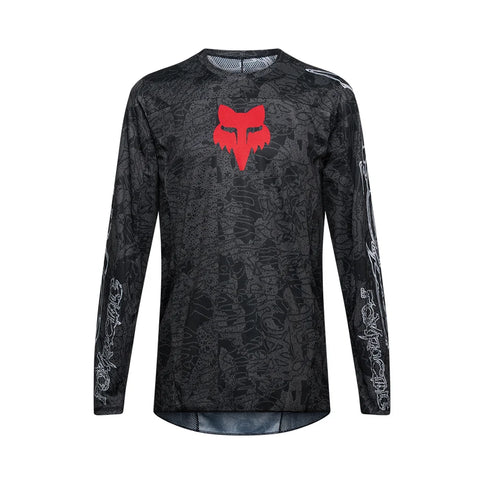 Black FOX 180 Abyss MX jersey featuring lightweight fabric and bold design, ideal for motocross riders.