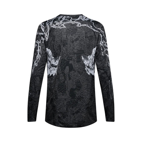 Black FOX 180 Abyss MX jersey with long sleeves and bold logo design, ideal for motocross riding.