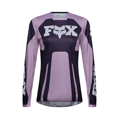 Fox 180 RAID women's motocross jersey in lavender drift color with breathable fabric and bold design.