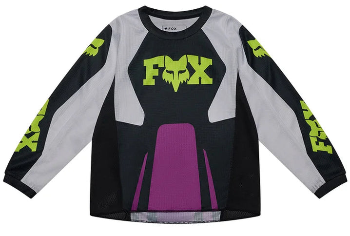 FOX 180 RAID Kids MX jersey in purple showing lightweight fabric and vibrant design, ideal for young motocross riders.