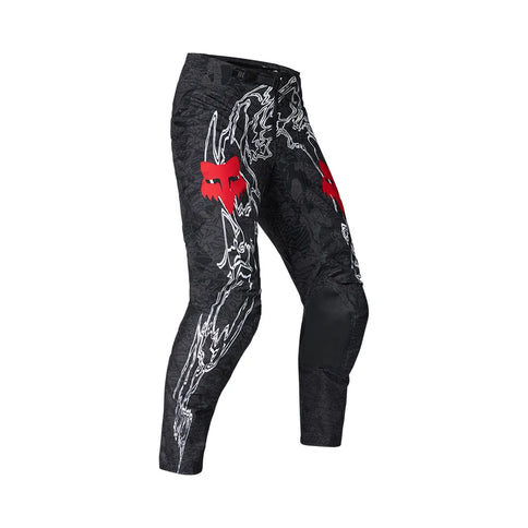 Black FOX MX 180 ABYSS Pant showing durable fabric and adjustable waist for motocross riding comfort.