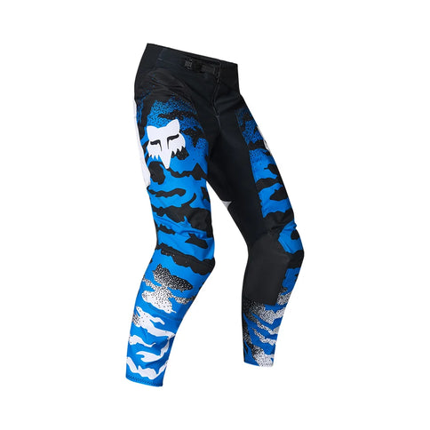 Black and blue FOX MX pants 180 HD38 PANT in size BLK / BLU, designed for motocross riding with durable, flexible fabric.