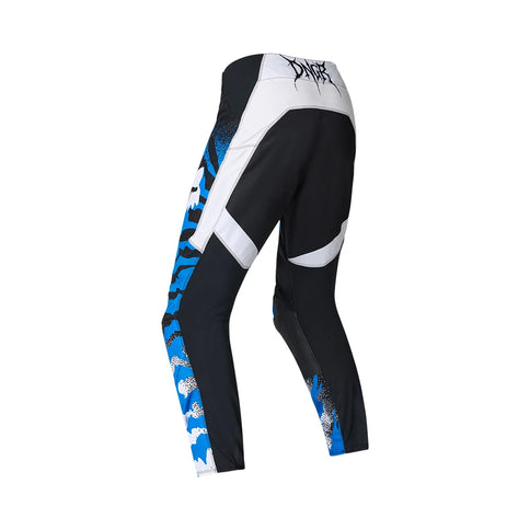 Black and blue FOX MX pants, 180 HD38 PANT model, featuring durable fabric and adjustable waist for motocross riding.