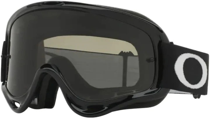 Oakley O-Frame MX Goggle in Jet Black with tinted lenses, featuring a sturdy frame and adjustable strap for motocross riding.