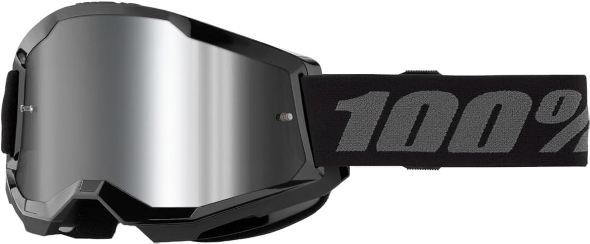 MX goggles with black and silver mirror lenses from 100% STRATA 2 JNR series, featuring clear frame and tinted reflective lenses.