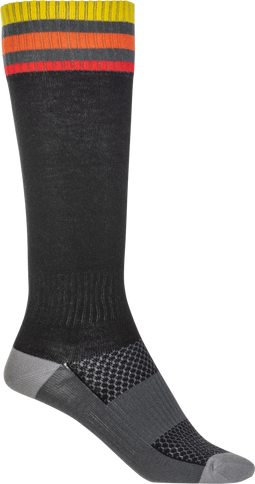 Black FLY MX PRO thin MX socks with reinforced heel and toe, designed for motocross riding comfort and durability.