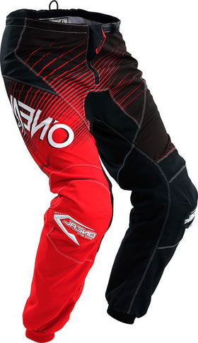 Black and red ONEAL MX racewear motocross pants with reinforced knee panels and adjustable waist for a secure fit.