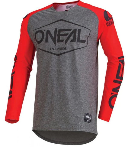Red ONEAL Mayhem Hexx MX jersey with bold logo and vibrant design, ideal for motocross riding.